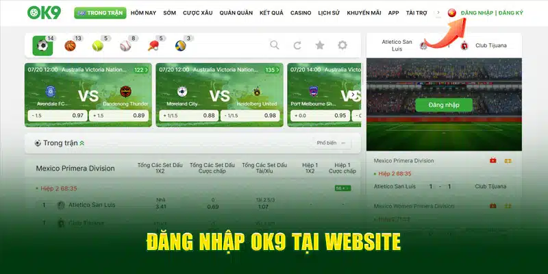 Đăng nhập OK9 tại website